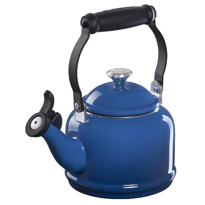 1.25 qt Marseille Le Creuset enamel on steel demi tea kettle with metal finishes displayed on a white background