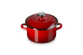 Cerise 3.8 qt enamel on steel traditional petite stockpot with lid and handles on a white background