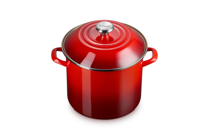 Cerise stockpot with lid and handles on white background