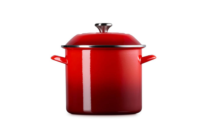 Cerise stockpot with lid and handles on white background