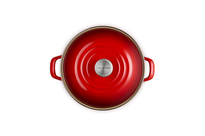 Cerise stockpot with lid and handles on white background