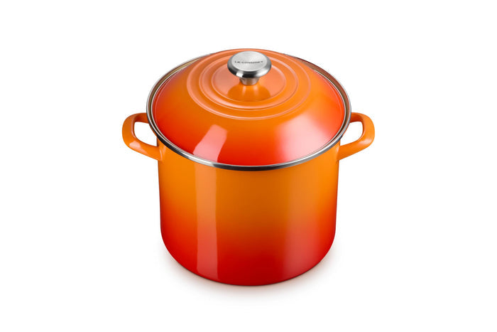 Flame stockpot with lid and handles on white background