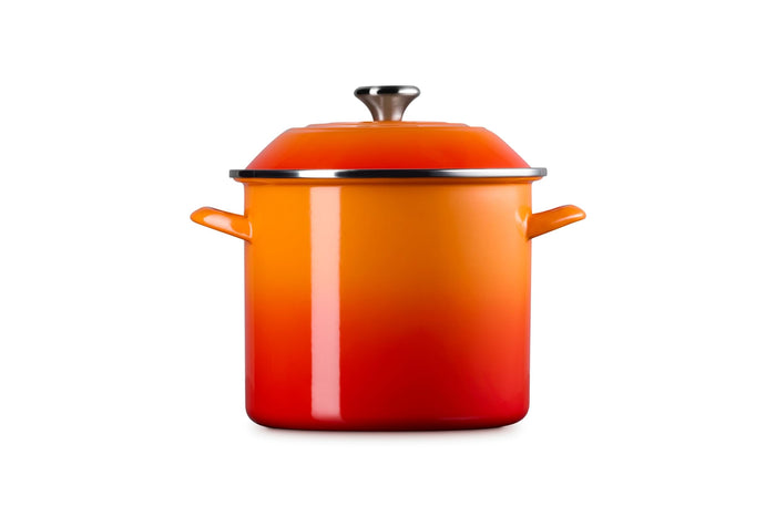 Flame stockpot with lid and handles on white background