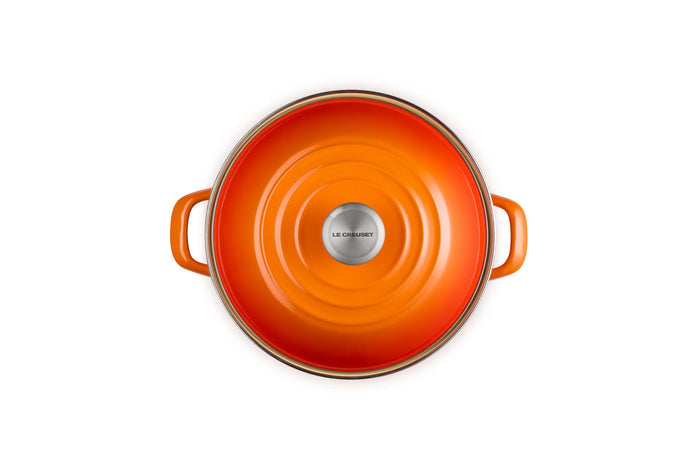 Flame stockpot with lid and handles on white background