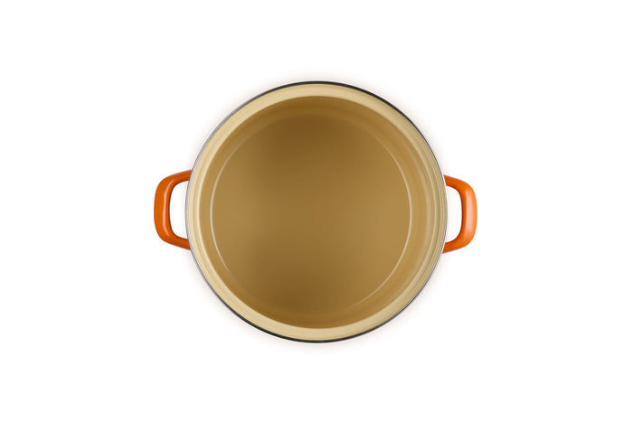 Beige inside stockpot with flame handles on a white background