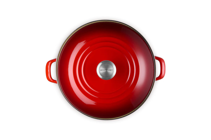 Cerise stockpot with lid and handles on a white background