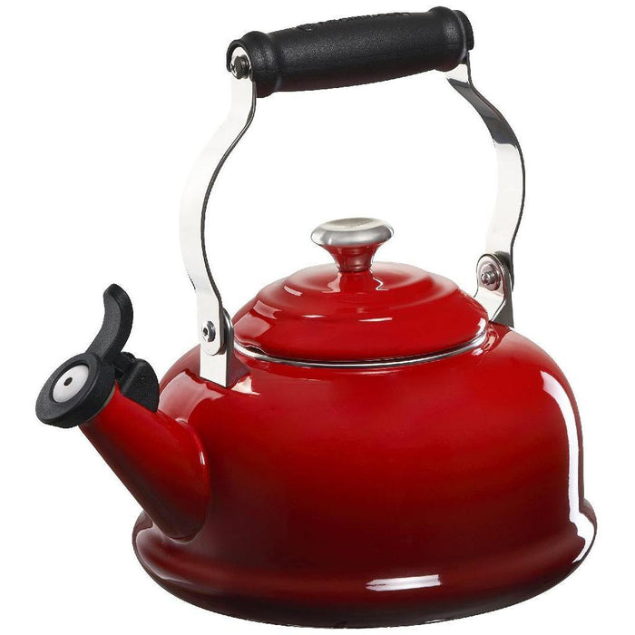 1.7 qt Cerise Le Creuset enamel on steel whistling tea kettle with metal finishes displayed on a white background