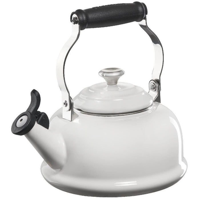 1.7 qt White Le Creuset enamel on steel whistling tea kettle with metal finishes displayed on a white background