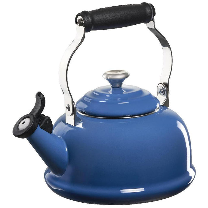 1.7 qt Marseille Le Creuset enamel on steel whistling teak kettle with metal finishes displayed on a white background