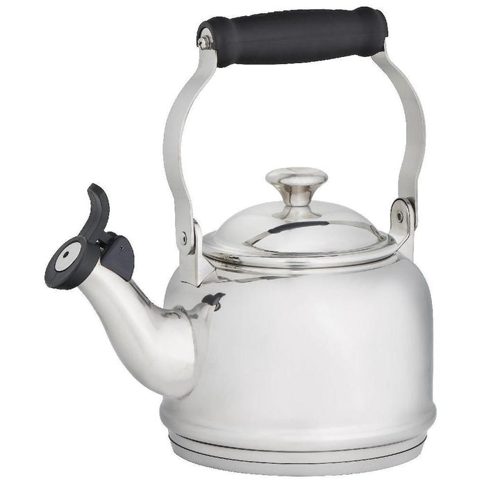 1.7 qt Stainless steel Le Creuset enamel on steel whistling tea kettle with metal finishes displayed on a white background