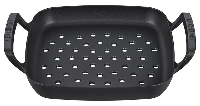 Black square grill pan with handles on a white background