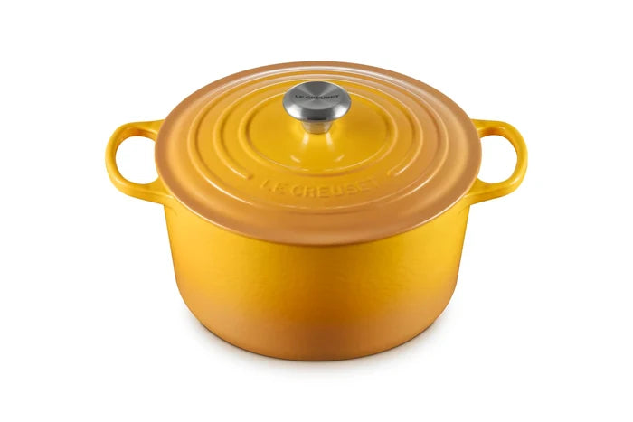 Nectar enameled cast iron Dutch oven with a lid on a white background
