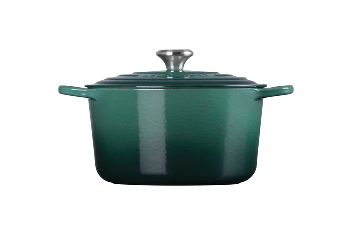 Artichaut enameled cast iron Dutch oven with lid on a white background