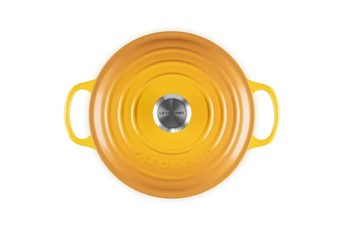 Top view of 3.5 qt Nectar Le Creuset Signature Round Wide Dutch Oven with a lid displayed on a white background