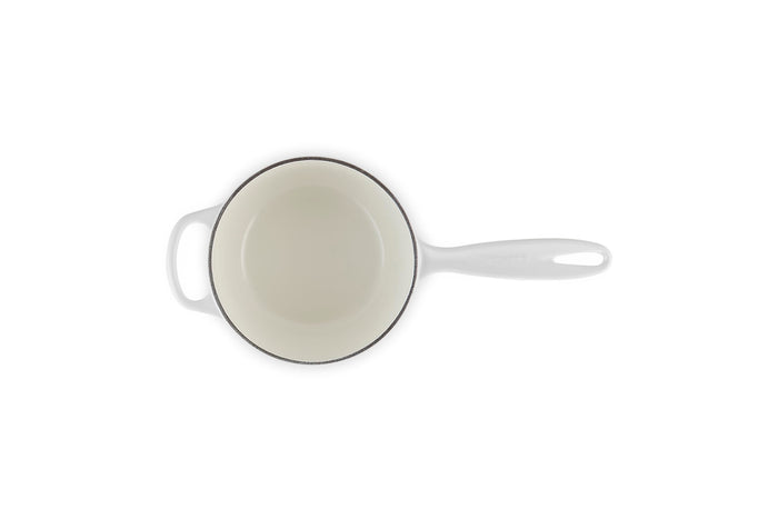 White frying pan with a black rim on a white background