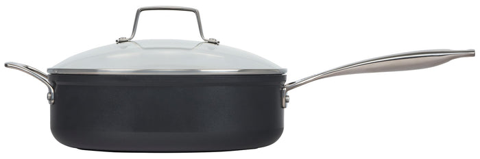 Side view of black cookware set with silver handle and lid on a white background