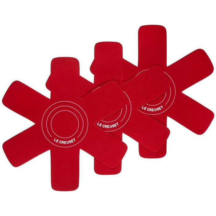 Set of 3 Cerise Le Creuset felt pan protectors displayed on a white background