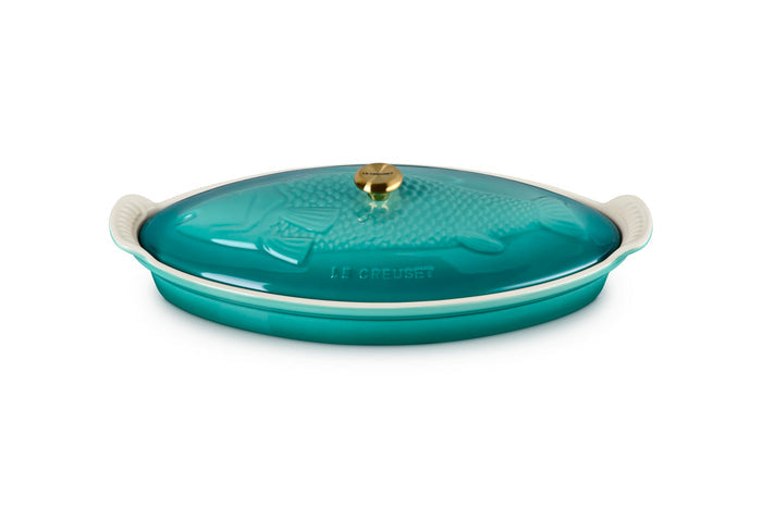 Riviera ceramic dish with fish design and 'Le Creuset' branding on a white background