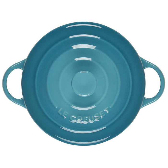 Top view of sea salt Le Creuset Mini Round Cocotte 14 oz with lid displayed on a white background