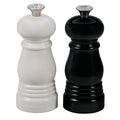 Front view of black and white Le Creuset Petite Salt and Pepper Mill Set displayed on a white background