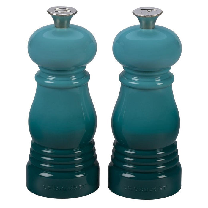 Front view Caribbean Le Creuset Petite Salt and Pepper Mill Set displayed on a white background