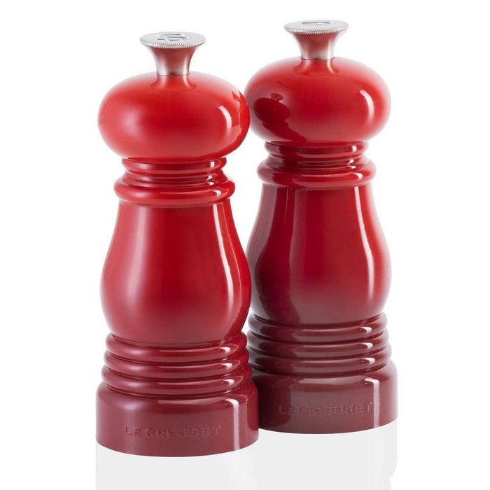 Cerise Le Creuset Petite Salt and Pepper Mill Set displayed on a white background