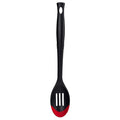 Cerise Le Creuset Revolution Bi-Material Slotted Spoon displayed vertically on a white background
