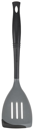 Oyster spatula with black handle on a white background