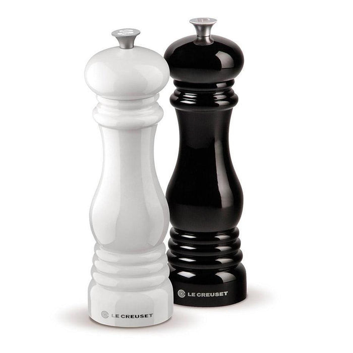 Le Creuset Salt and Pepper Mill Set of black and white displayed on a white background