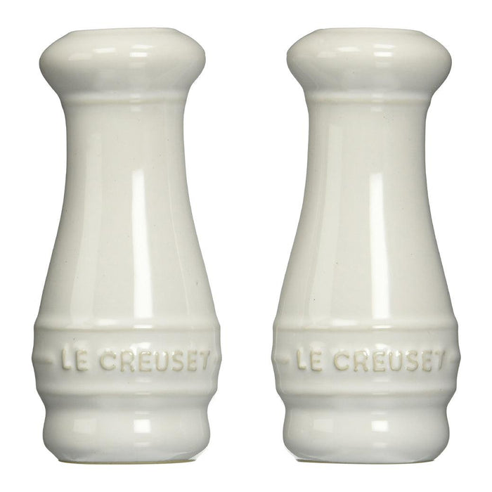 White Le Creuset Salt and Pepper Shaker Set of Two displayed on a white background
