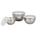 Set of three stainless steel mixing bowls with lids on a white background, featuring the Le Creuset brand.