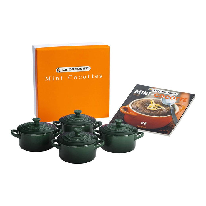 Le Creuset Set of 4 Cocottes w/ Mini-Cocotte Cookbook displayed on a white background