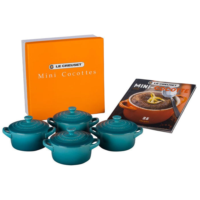 Caribbean Le Creuset Set of 4 Cocottes w/ Mini-Cocotte Cookbook displayed on a white background
