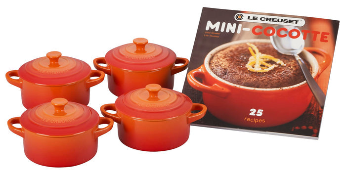 Flame Le Creuset Set of 4 Cocottes w/ Mini-Cocotte Cookbook displayed on a white background