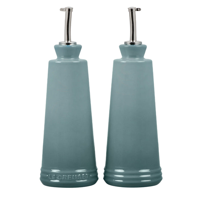 Sea salt Le Creuset signature oil and vinegar set displayed on a white background