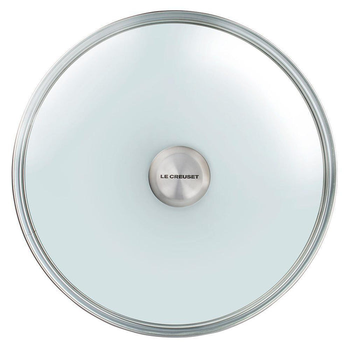 Top view of 12 inch Le Creuset Signature Tempered Glass Lid displayed on a white background