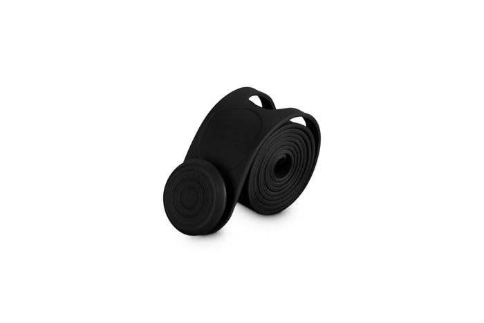 Black silicone cookware travel latch on a white background