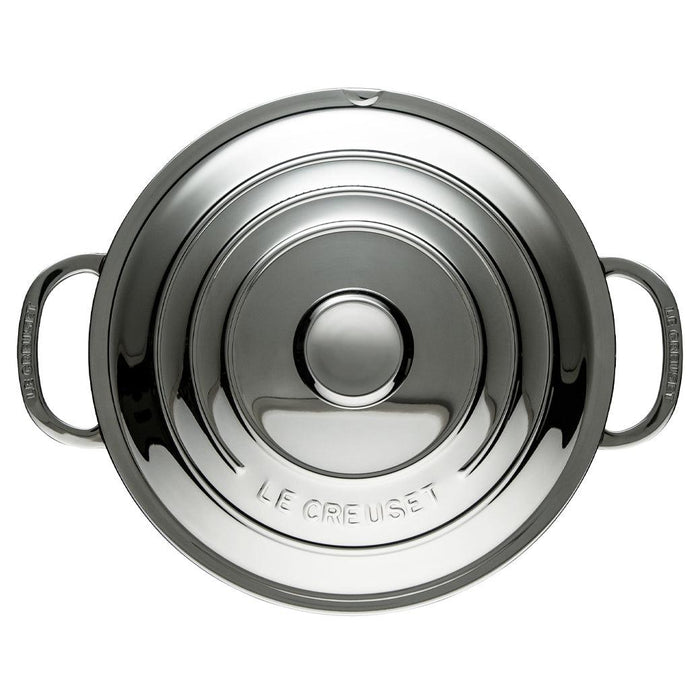 Top view of Le Creuset Stainless Steel 7 qt. Stockpot with Lid displayed on a white background