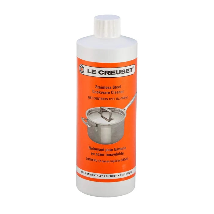 Le Creuset stainless steel cookware cleaner bottle on a white background