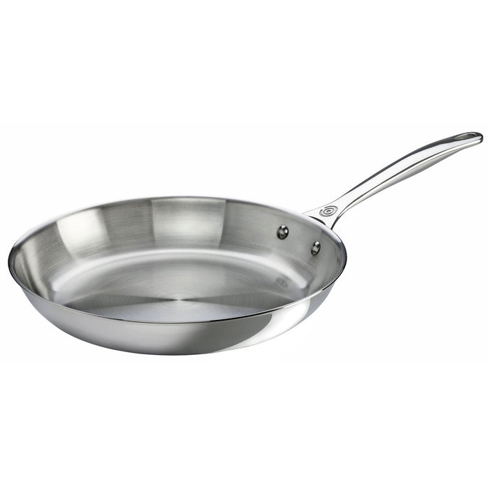 Stainless steel frying pan on a white background