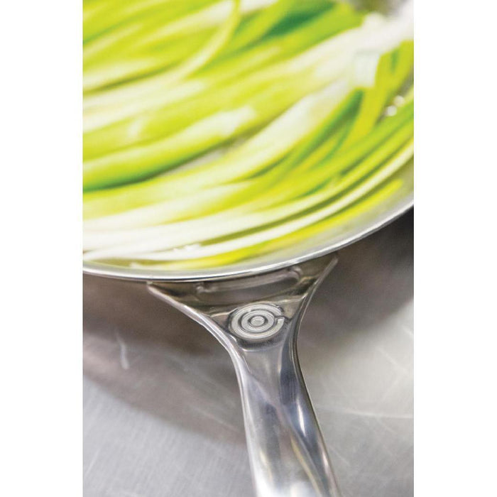 Close up of hilt of Le Creuset 10″ Stainless Steel Fry Pan