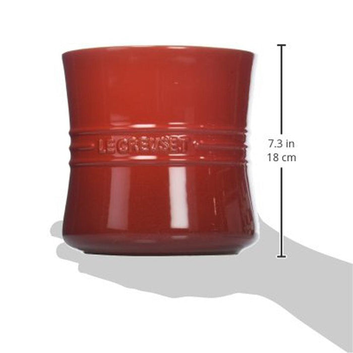 Cerise Le Creuset Stoneware 2.75 Qt. Utensil Crock with dimension displayed on a white background