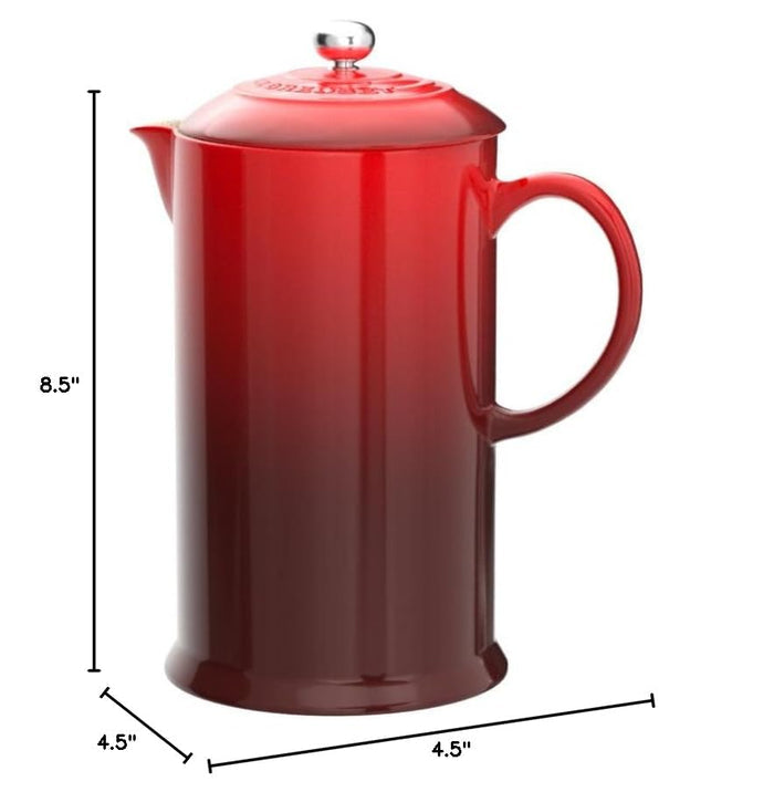 Cerise Le Creuset Stoneware French Press, 34 oz. with dimensions displayed on a white background