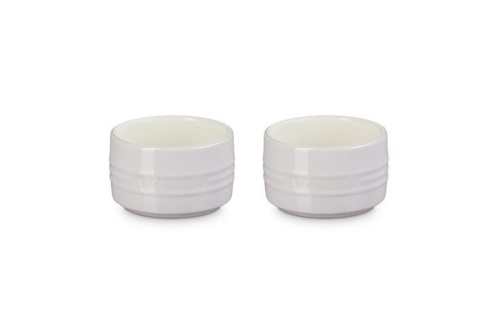 Set of two shallot Le Creuset stoneware round ramekin straight wall on a white background