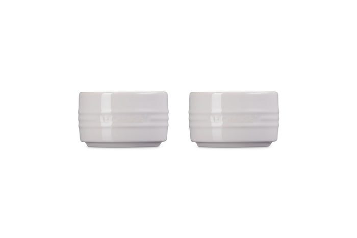 Front view of set of two shallot  Le Creuset stoneware round ramekin straight wall on a white background