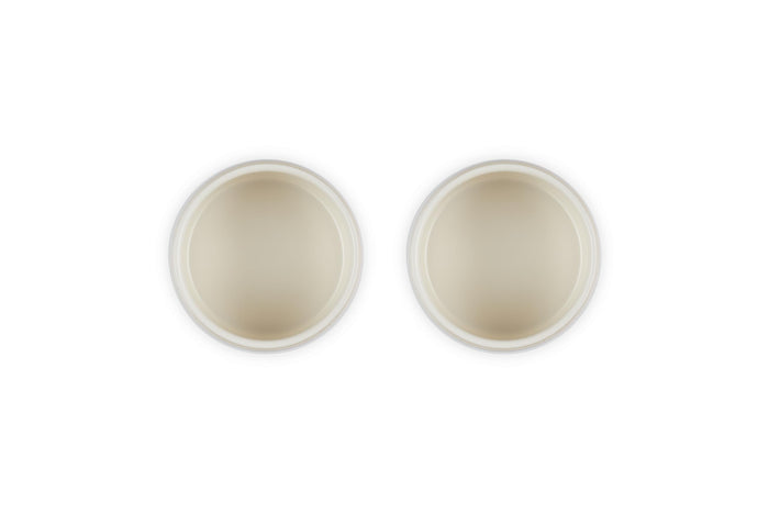 Top view of set of two Shallot Le Creuset stoneware round ramekin straight wall on a white background