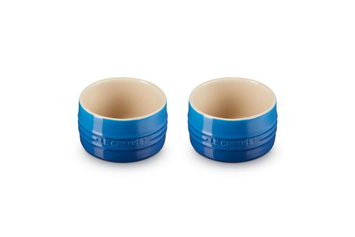 Set of two marseille Le Creuset stoneware round ramekin straight wall on a white background