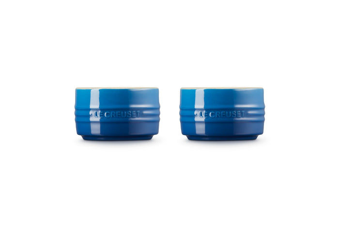 Front view of set of two marseille Le Creuset stoneware round ramekin straight wall on a white background