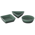Set of 3 artichaut Le Creuset stoneware tapas dishes of different shapes displayed on a white background