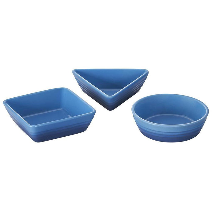 Set of 3 Marseille Le Creuset stoneware tapas dishes of different shapes displayed on a white background